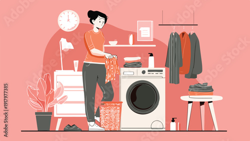 Person folding laundry next to a washing machine with clothes on a rack and a plant