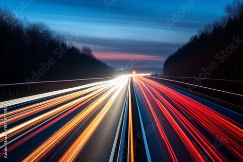 Vehicle light trails streak across a highway during a blue hour twilight