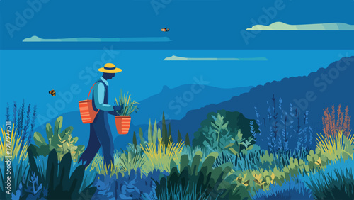A farmer in a hat carries a potted plant through a lush, stylized landscape under a deep blue sky