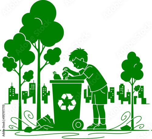 Green monochrome vector illustration of a young boy recycling plastic bottles in a bin with a city skyline and trees in the background.