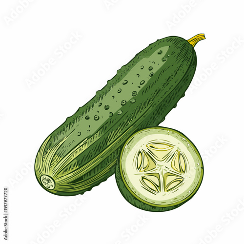 A detailed illustration of a whole cucumber and a halved cucumber slice, showcasing texture and seeds from a close-up viewpoint