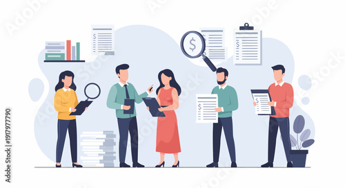 Business people analyzing financial documents and data for market research.