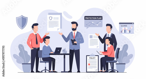 Business people discussing documents and collaborating on a project in an office setting.