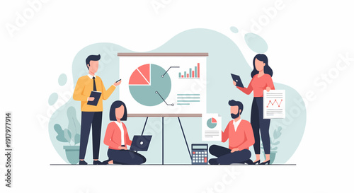 Business team collaborating on a data analysis project and presenting results.