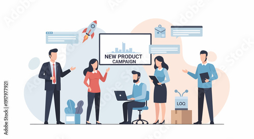 Business team collaborating on a new product campaign launch strategy.