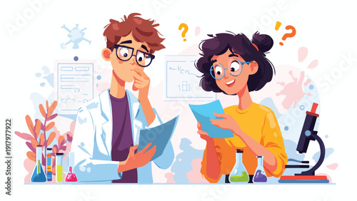 Two students ponder scientific data with a microscope and colorful lab equipment