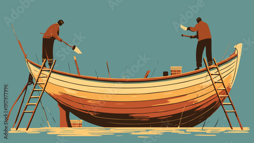 Two figures are standing on ladders, working on a wooden boat