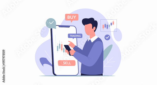 Man using smartphone for online stock market trading and investment analysis.