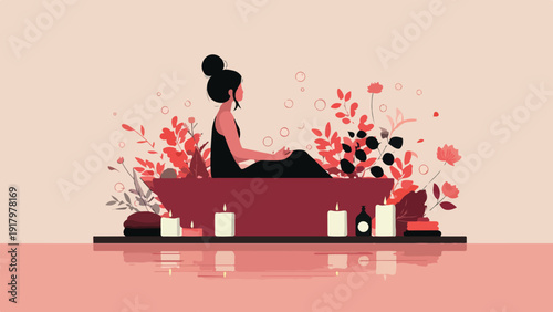 A serene figure bathes amidst botanical elements and lit candles, creating a tranquil spa-like atmosphere