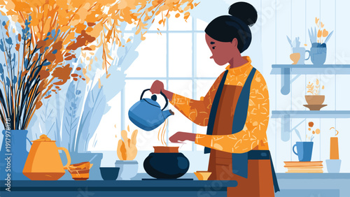 A woman prepares a warm beverage in a kitchen with autumn foliage visible through a window