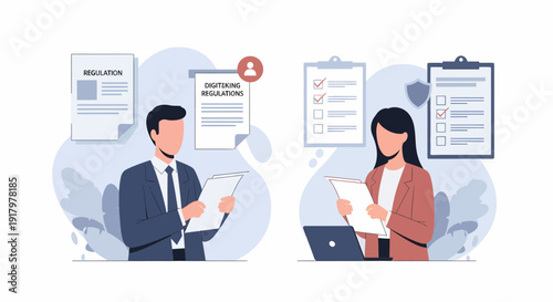 Professional man and woman reviewing documents for business applications.