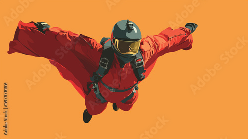 A person in a red wingsuit with a yellow-tinted helmet glides against an orange background