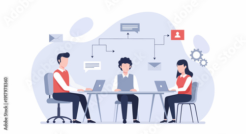 Three people collaborating on a project using laptops at a table.