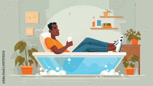 Man relaxing in a bubble bath with a drink and plants