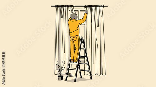 Person in yellow outfit on ladder adjusts curtains