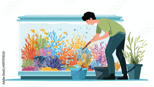 A person tends to a vibrant, colorful freshwater aquarium filled with fish and coral