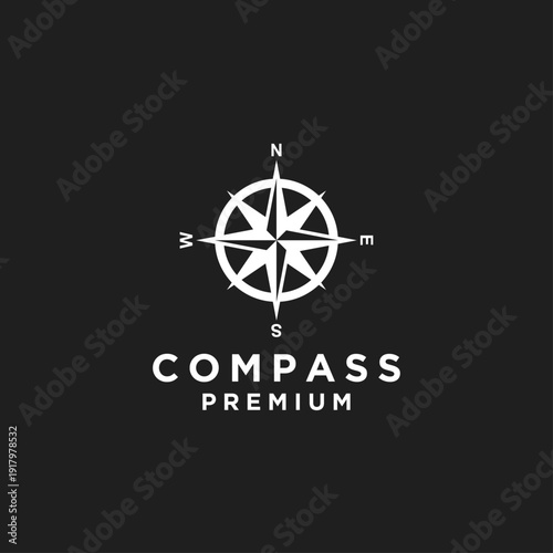 Modern White Compass Rose Logo Design with N S E W Directional Points on Black Background