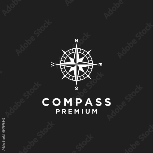 Compass Rose Logo Design with N S E W Directions, Vector Icon on Black Background, Symbolizing Navigation, Travel, and Guidance