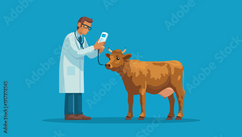 A veterinarian in a lab coat examines a cow with a medical device