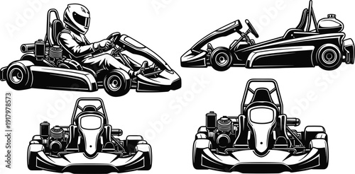 Go kart racing illustration set showing driver and vehicle front side views motorsport speed competition isolated on white background vector design collection performance action