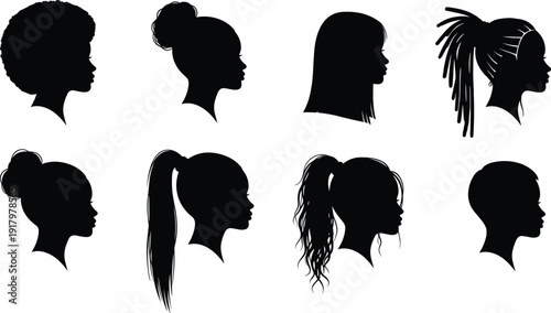 Female head silhouette collection showing diverse hairstyles profile views beauty fashion identity concepts isolated on white background illustration design set