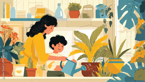 A mother and child joyfully water indoor plants together on a sunny windowsill