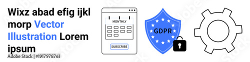 GDPR-compliant shield with padlock, calendar with subscribe button, and gear cog representing data security, privacy, automation, and workflow. Ideal for privacy settings, data policies, and a simple
