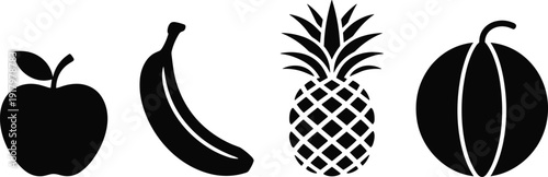 "Silhouette illustration of fruits including apple, banana, pineapple, and melon in minimalistic vector style, representing healthy nutrition, organic food, tropical diet, and natural design elements"