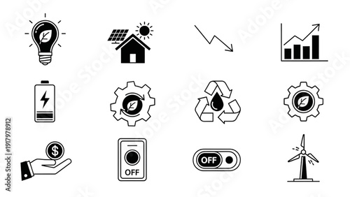Sustainable Energy Vector Icon Sheet Featuring Renewable Resources and Eco-Friendly Technology Symbols