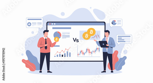 Two Businessmen Comparing Financial Data on a Large Screen with Charts and Graphs.