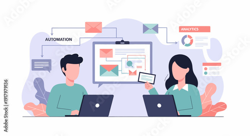 Two people working on laptops with automation and business processes displayed.