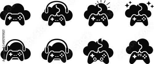 Icon collection of gaming controller symbols with headsets