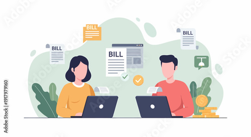 Two people working on laptops with bills and financial documents surrounding them.