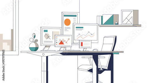 Modern office workspace with multiple screens displaying data and charts.
