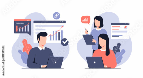 Two people working on laptops with business charts and data analysis.