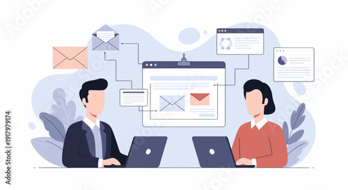 Two people working on laptops with email and communication interfaces.