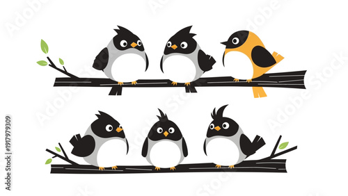Cute cartoon birds sitting on branches illustration