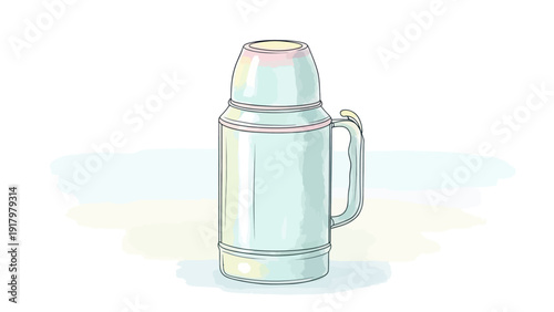 Vintage thermos flask illustration with soft pastel watercolor background.