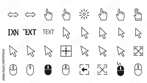 Set of computer mouse cursors, pointers, and user interface icons for web design.
