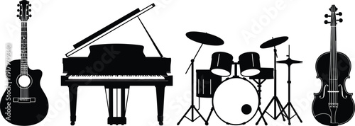 "Silhouette illustration of musical instruments including acoustic guitar, grand piano, drum set, and cello, representing diverse music performance, composition, and artistic vector design elements"