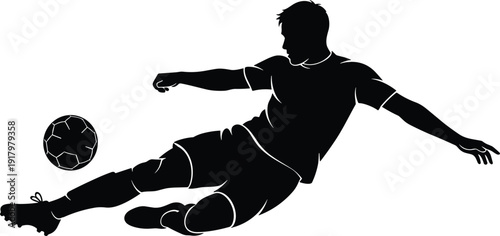 Black silhouette of a professional male soccer player performing a sliding tackle or low kick action isolated on white background