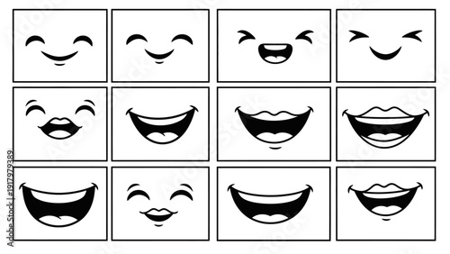 Set of cartoon smiling faces and mouths