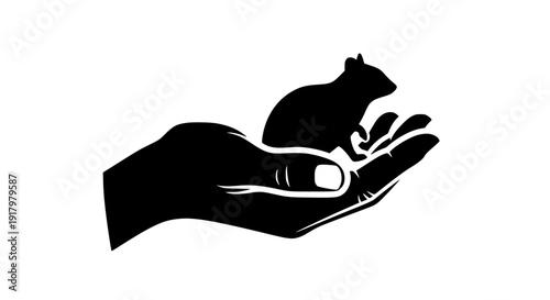 Human hand holding small animal silhouette, black and white flat vector, strong contour lines, minimal design, wildlife protection symbol, isolated on white background, NGO campaign concept