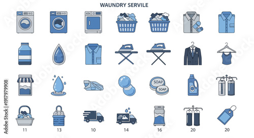 Modern Laundry Service Vector Icons Set in Blue and Gray Tones