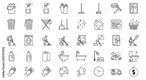 Outline Cleaning Services Icons Set: Home Hygiene, Washing, and Maintenance