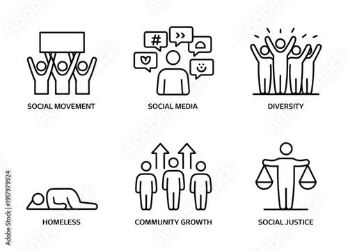 Vector icons representing social movements, media, diversity, and justice