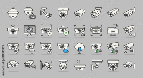 Smart CCTV & Video Surveillance Vector Icons with Color Accents