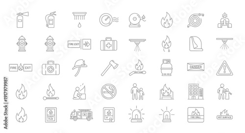 Grayscale Fire Safety Outline Icons for Emergency Preparedness