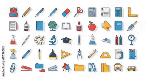 Essential School Supplies & Learning Tools Flat Icons