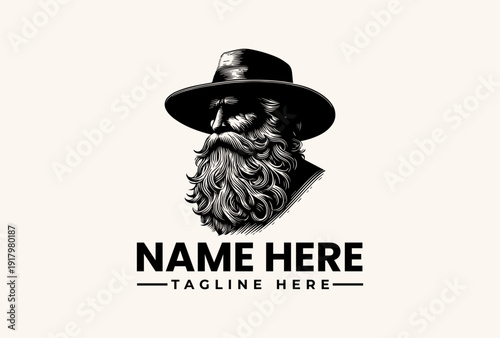 Black and white illustration of a man with a beard and hat, with a placeholder text for a logo or name on a plain background.